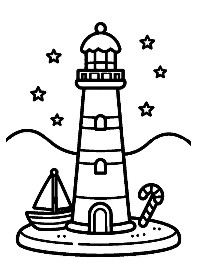 Grand phare en pain d'épices avec des rayures glacées posé sur un rocher à côté d'un voilier en bonbon.