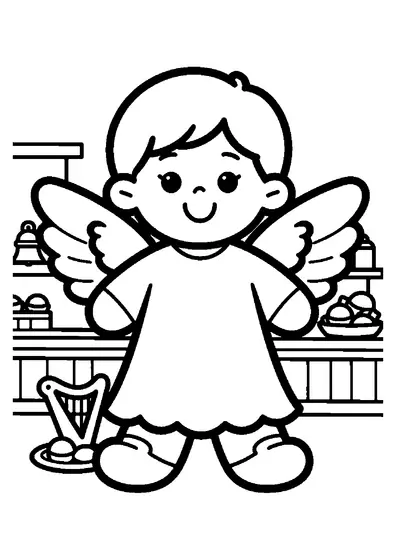 A winged gingerbread angel displayed in a bakery beside a small harp and candies.