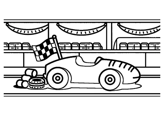 Voiture de course en pain d'épices avec des bandes glacées sur un circuit, devant des tribunes en gaufre.
