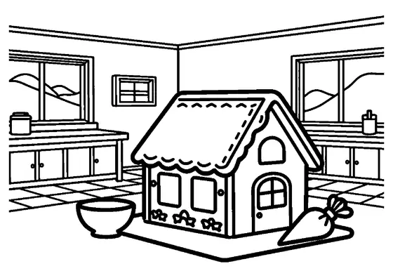 A side view of a gingerbread house next to an icing bowl in a holiday workshop.