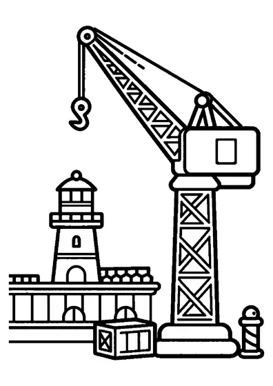 A gingerbread harbor crane with a hook standing at a candy-themed dock.