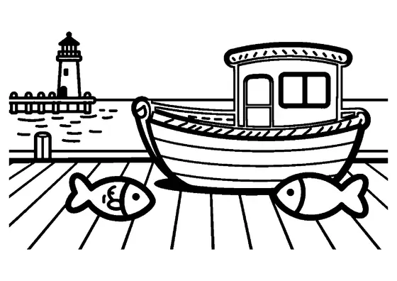 Barco pesquero de jengibre amarrado a un muelle de madera, con un cabo de caramelo y postes cubiertos de glaseado.