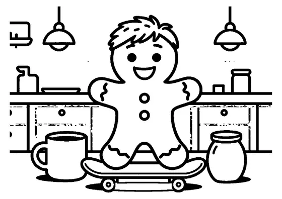 A gingerbread man riding a gingerbread skateboard on a tray beside a mug of milk.
