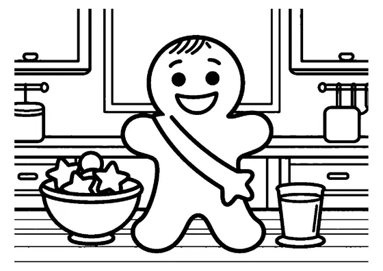 A cheerful gingerbread man wearing a sash beside a bowl full of star-shaped cookies on a table near a window.