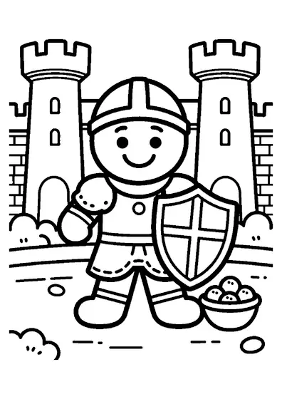 A smiling gingerbread knight holding an icing-decorated shield in front of a candy castle gate.