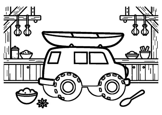 Ein Lebkuchen-Geländewagen mit einem Kajak aus Zuckerguss auf dem Dachgepäckträger steht auf einer Küchenarbeitsplatte.