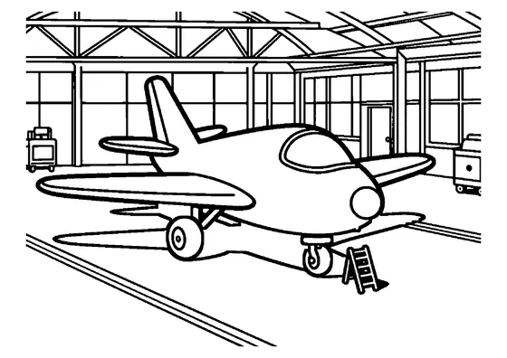 A gingerbread jet airplane with cookie wings parked on the floor of an aircraft hangar.