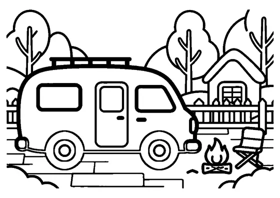 A gingerbread camper van parked in a wintry garden setting.