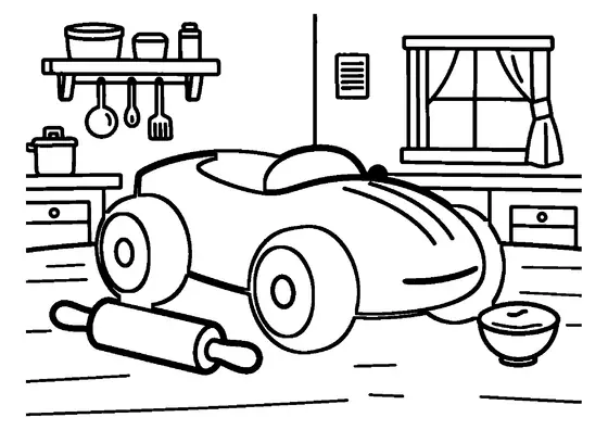 A gingerbread race car decorated with icing stripes on a wooden pastry board in a festive kitchen.