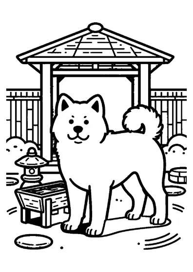 An Akita Inu standing beside a traditional wooden gazebo in a garden.