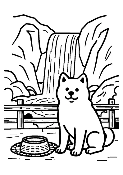 Um Akita está sentado em um tapete trançado e em uma tigela em um terraço perto de uma cachoeira.