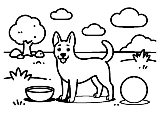 Un basenji se tient près d’une grande gamelle et d’un ballon, à côté d’un point d’eau, d’herbes, de rochers, d’un arbre et de larges nuages.