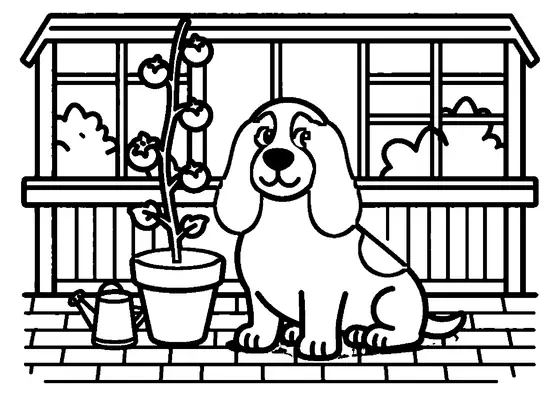 A calm Basset Hound sitting on a brick path inside a greenhouse filled with tomato plants.
