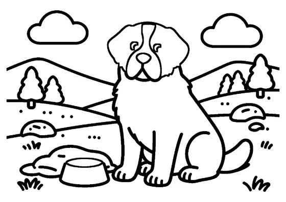Un grand saint-bernard est assis près d’une couverture et d’une gamelle dans une prairie au pied des montagnes.