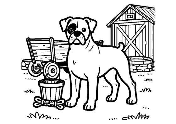 A Boxer dog standing beside an old horse-drawn cart in a farmyard.