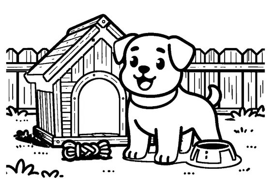 Un perro bóxer de pie en el jardín frente a su gran caseta de madera.