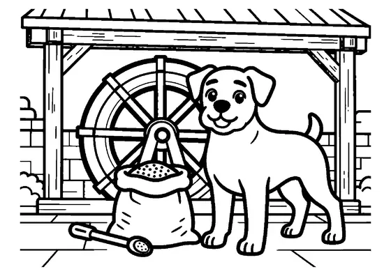 A boxer dog standing inside a mill beside a sack of flour and a waterwheel.