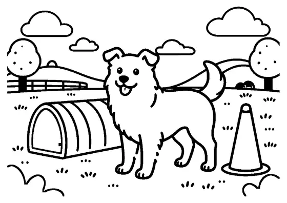 Un border collie se tient près d’un tunnel et d’un cône sur un parcours d’entraînement herbeux.