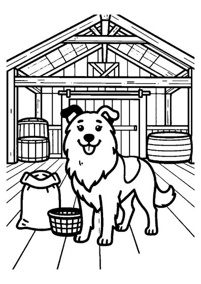 Um Border Collie está perto de um saco de grãos e de uma cesta grande no interior de um celeiro.