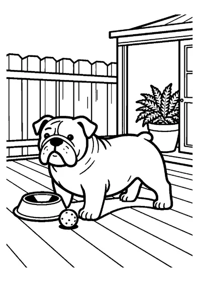 An English Bulldog resting on a wooden backyard deck beside a bowl and rubber ball.