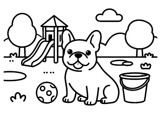 Un bouledogue français est assis près d’un ballon et d’un seau, sur une aire de jeux avec un toboggan, des arbres et de l’herbe.