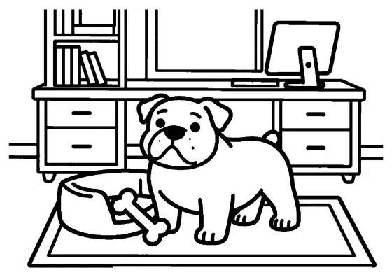 Un bulldog tumbado junto a su cama y un hueso en un despacho con escritorio y estantería.