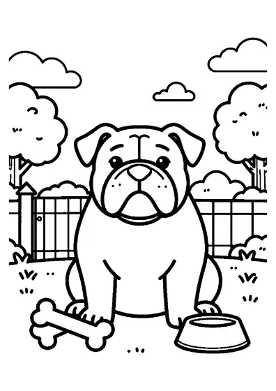 A bulldog sitting next to a big bone and bowl in a backyard with a gate, grass, and trees.