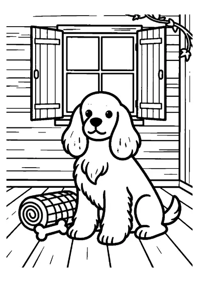 An English Cocker Spaniel sitting on a wooden porch beneath a window with shutters.