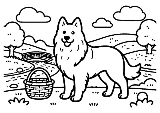 A collie standing next to a woven basket and ball near a wooden bridge over a stream.