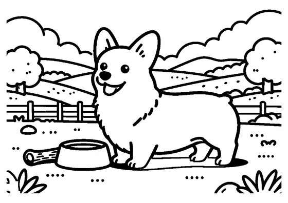 A corgi standing next to a big stick and bowl on a road between a fence, hills, and trees.