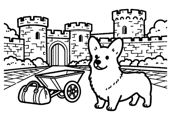 A Pembroke Welsh Corgi standing in a stone castle courtyard beside a wooden cart.