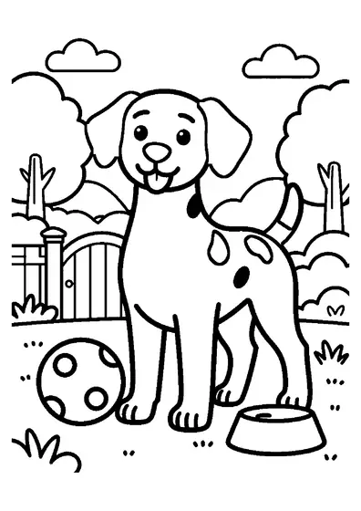 A spotted Dalmatian standing near a ball and bowl in front of a gate, trees, and grass tufts.