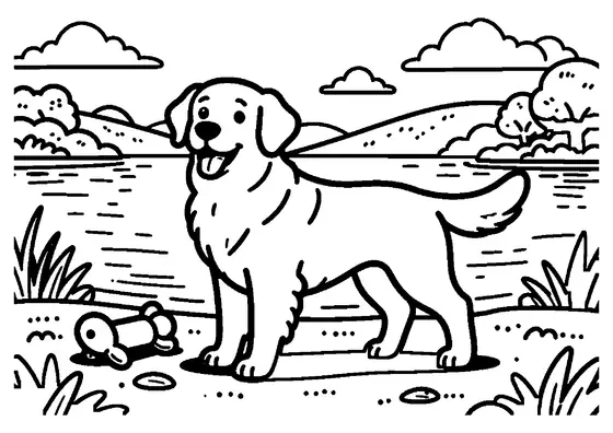 A golden retriever standing near a ball and towel by a lake with reeds, hills, and clouds.