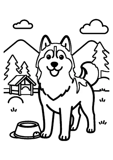 A husky standing next to a large bowl and coiled leash with a cabin, mountains, and pines behind it.