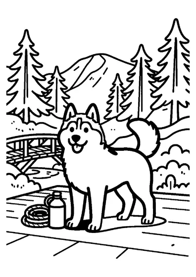 A Siberian Husky standing in front of a wooden footbridge over a forest stream.