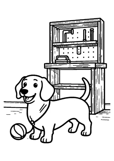 A smiling Dachshund beside a leash and firewood rack in a home garage workshop.