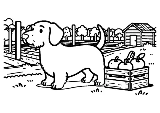 A wirehaired Dachshund standing beside a crate of apples in a sunny orchard.