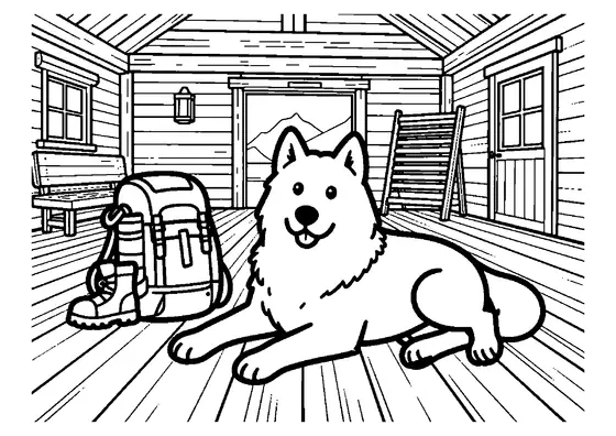 Um Malamute está deitado perto de uma mochila grande e de uma bota em um saguão de madeira de um abrigo.