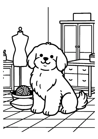 Un bichón maltés sentado junto a una cesta de lana y un cojín en un taller de costura.