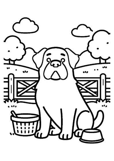 Un mastiff massif est assis près d’un panier et d’une grande gamelle, devant un portail en bois, un champ et de grands arbres étalés.