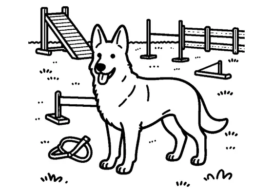 A German Shepherd standing in front of a wooden training ramp on an agility course.