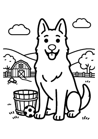 A shepherd dog sitting near a bucket and large ball in front of a barn, fence, and trees.