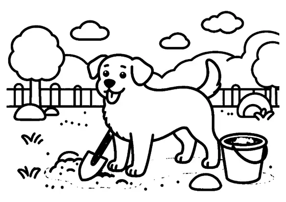 A dog with paws in a hole beside a shovel and bucket in a yard with a fence and trees.
