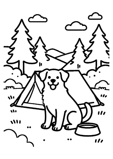 A dog sitting next to a tent and dog bowl in a forest clearing surrounded by trees and rocks.