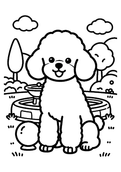 A poodle sitting next to a large fountain and a ball in a neat garden with plants and trees.