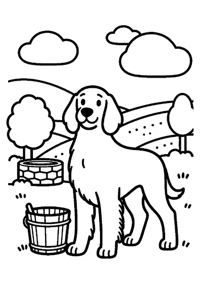 Un setter irlandais se tient près d’un seau et d’un grand ballon, à côté d’un puits en pierre, d’arbres et de collines.