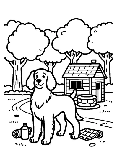 An Irish Setter standing beside a wooden forest cabin and stone well.