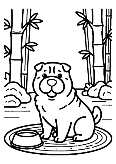 Un shar-peï est assis près d’une grande gamelle et d’une natte tressée, dans une cour avec des bambous, des pierres et un muret.