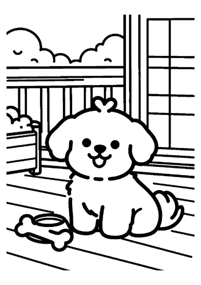 Un Shih Tzu con un ciuffo di pelo legato seduto su un portico in legno accanto a vasi da fiori e una balaustra