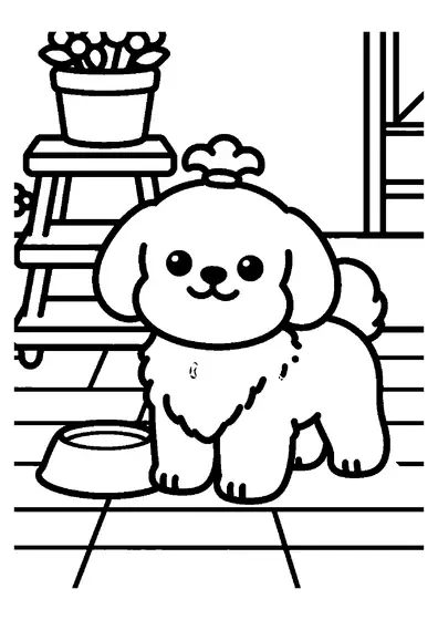 Shih tzu stojący na tarasie ogrodowym obok wielopoziomowego kwietnika i poduszki.